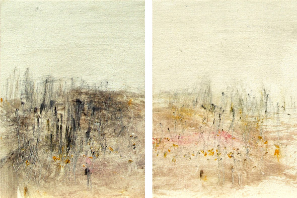 Friche. Fallow land / Tempera sur toile marouflée sur bois medium. <br />
Oil on canvas mounted on wood.(2x) 22x16cm. 2010