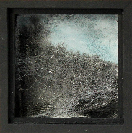 Brume matinale 2 - Morning mist 2 / Bois peint et toile d'araignée - <br />
Painted wood and spider web. 11,3 x 11,3 x 5,5 cm. 2013