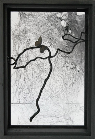 Argus bleu / Bois peint, papillon serti et verni, branche et toile d'araignée - Painted wood, <br />
butterfly crimped and varnished, branch and spider web. 24 x 16,5 x 10 cm. 2014
